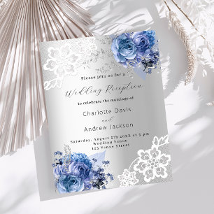 Silver blue florals wedding reception invitation