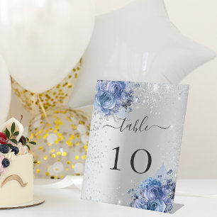 Silver blue florals wedding table number pedestal sign