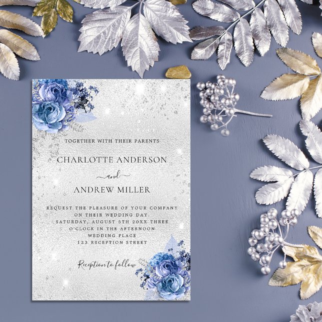 Silver blue flowers elegant wedding invitation postcard (Creator Uploaded)