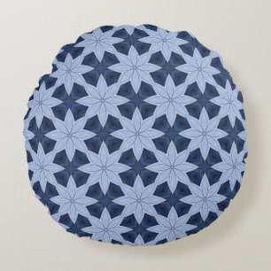 Silver-blue Flowers on a Navy Blue background Round Pillow