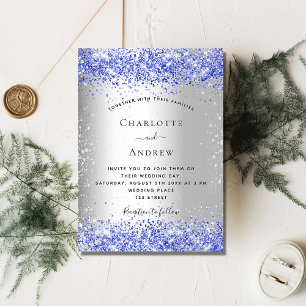 Silver blue glitter budget wedding invitation