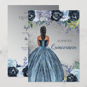 Silver Blue Glitter Dress Quinceañera Quince   Invitation