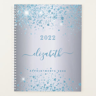 Silver blue glitter dust name monogram 2022 planner