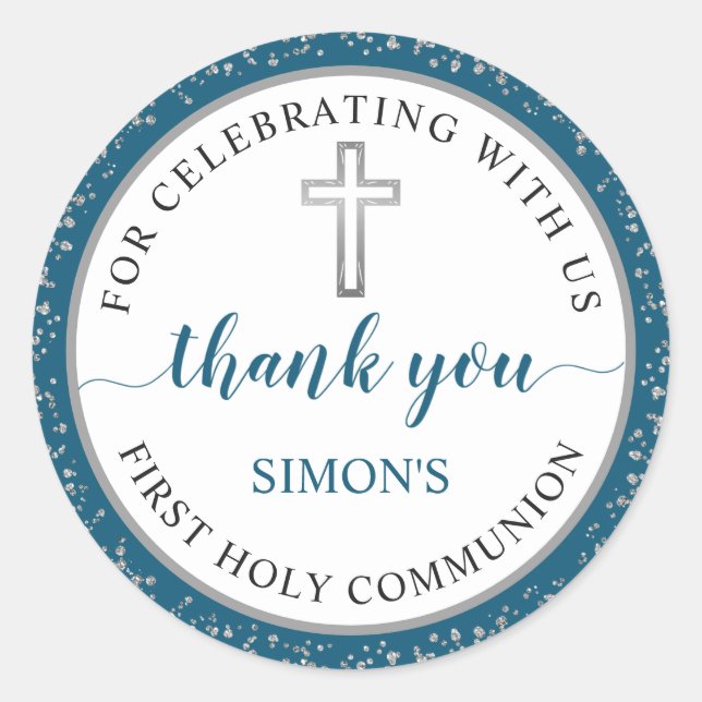 Silver Blue Glitter First Communion Thank You Classic Round Sticker (Front)