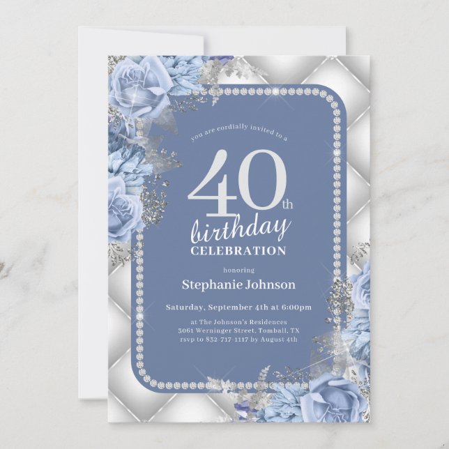 Silver Blue Glitter Floral 40th Birthday Invitation (Front)