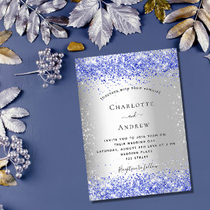 Silver blue glitter glamourous wedding invitation