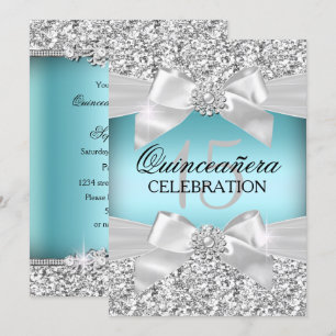 Silver Blue Glitter & Jewel Bow Quinceanera Invitation