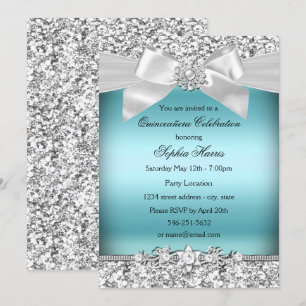 Silver Blue Glitter Jewel Bow Quinceanera Invitation