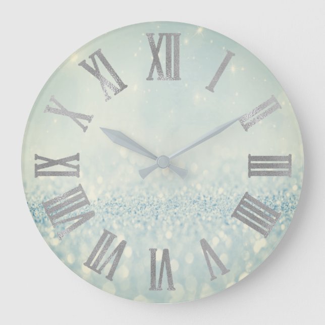 Silver Blue Glitter Minimal Metallic Roman Numers Large Clock (Front)