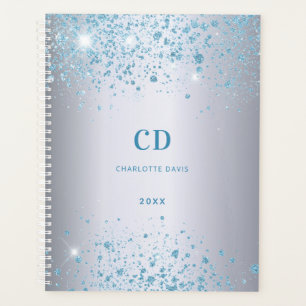 Silver blue glitter monogram name planner
