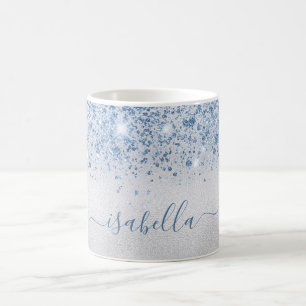 Silver blue glitter name script coffee mug