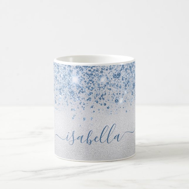 Silver blue glitter name script coffee mug (Center)