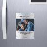 Silver blue glitter photo thank you magnet<br><div class="desc">A faux silver looking background colour,  decorated with blue faux glitter. Large hand lettered script with swashes and the text: Thank You. Personalize and add your photo,  thank you note and name.</div>