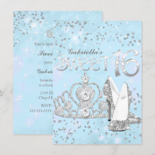 Silver Blue Glitter Tiara & Heels Sweet 16 Invite