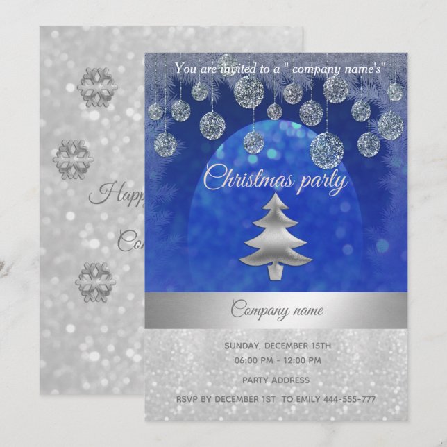silver/blue glittery corporate Christmas party Invitation (Front/Back)