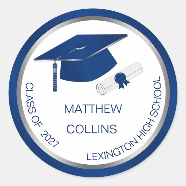 Silver Blue Graduation Cap Diploma Sticker (Front)
