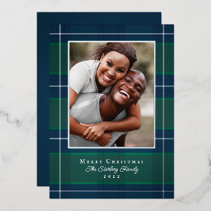Silver, Blue & Green Plaid Holiday Photo Card