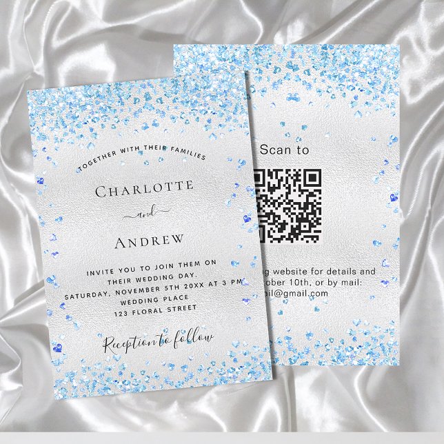 Silver blue hearts QR code RSVP wedding Invitation (Creator Uploaded)
