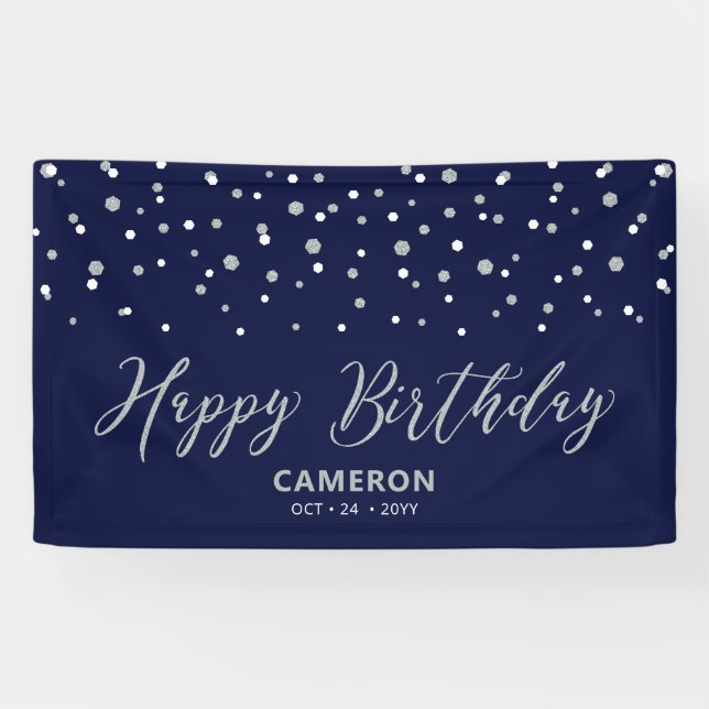 Silver & Blue Hexagon Confetti Happy Birthday Banner (Horizontal)