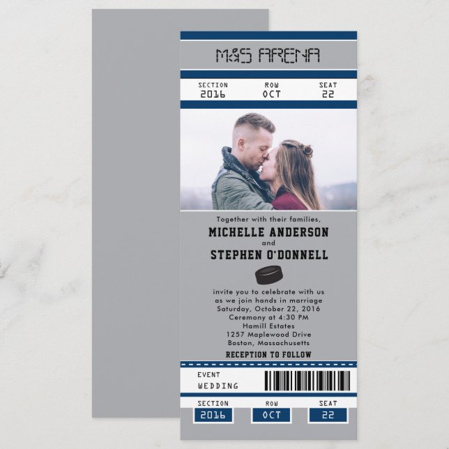 Silver Blue Hockey Ticket Wedding Invitation (Front/Back)