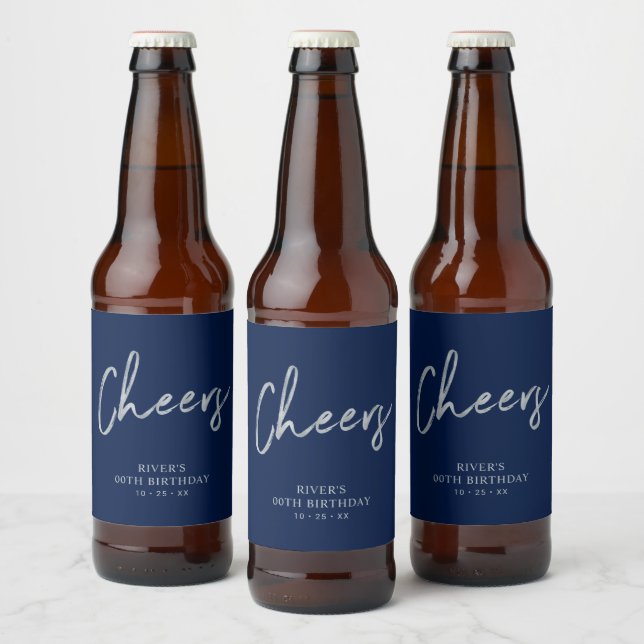 Silver & Blue Lettering Cheers Adult Birthday Beer Bottle Label (Bottles)