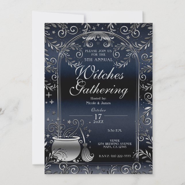Silver & Blue Magic Whimsical Witches Gathering Invitation (Front)