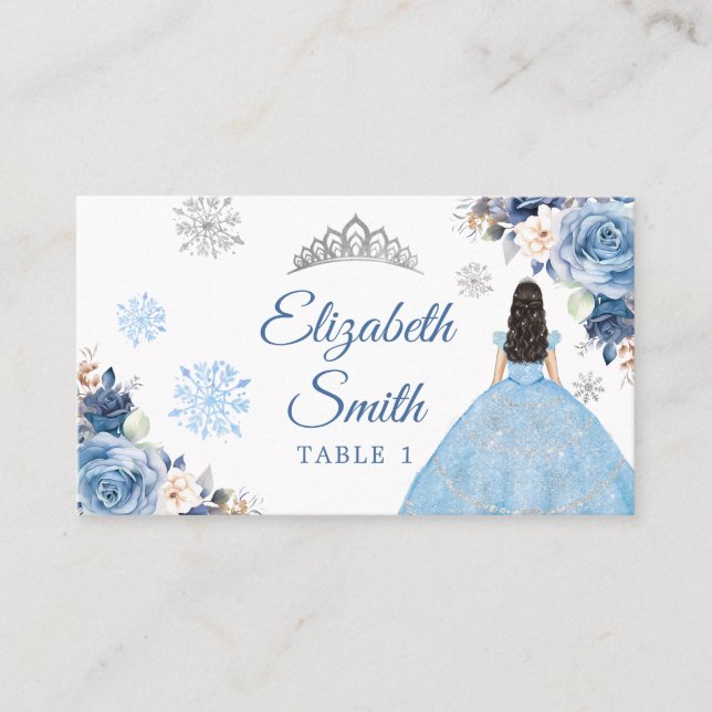 Silver Blue Magical Winter Snowflake Mis Quince Place Card (Front)