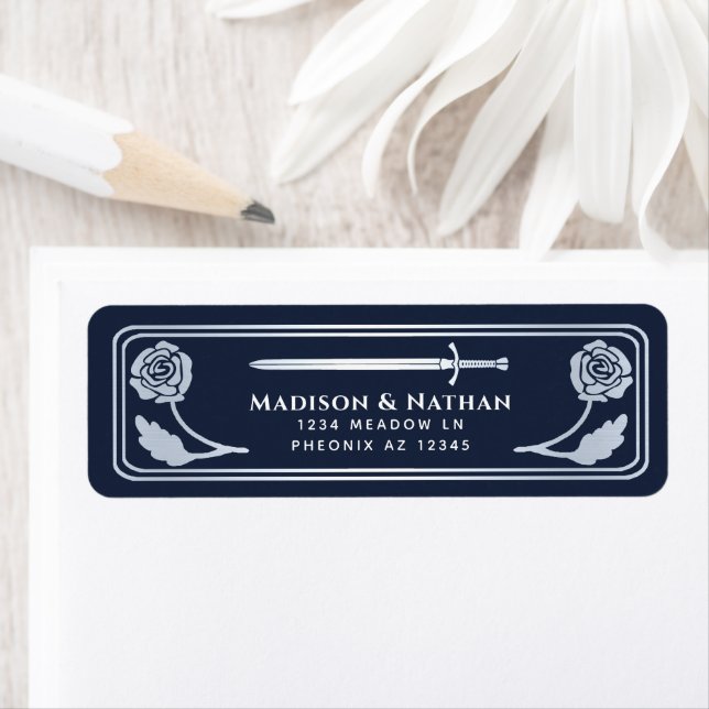 Silver Blue Medieval Fantasy Sword Wedding Label (En situation)