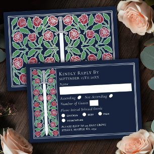Silver Blue Medieval Floral Sword Wedding RSVP Card