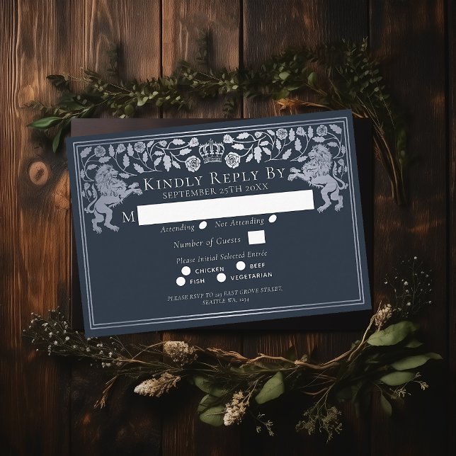 Silver Blue Medieval Lion Wedding RSVP  Enclosure Card (Creator Uploaded)