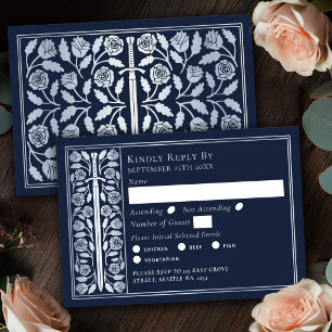 Silver Blue Medieval Sword Wedding RSVP Card