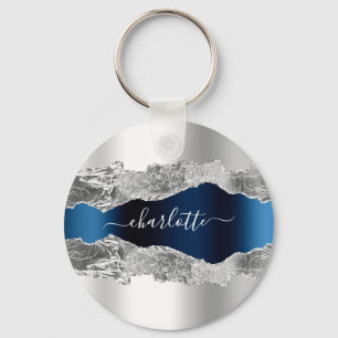 Silver blue metal agate marble name script keychain