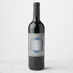 Silver & Blue Metallic Petals Wine Label