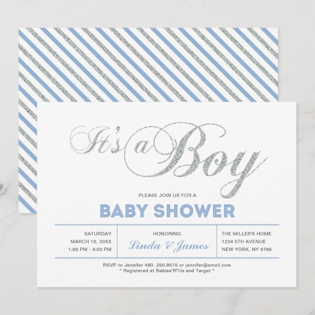 Silver, Blue | Modern Typography Boy Baby Shower Invitation (Front/Back)