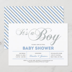 Silver, Blue   Modern Typography Boy Baby Shower Invitation