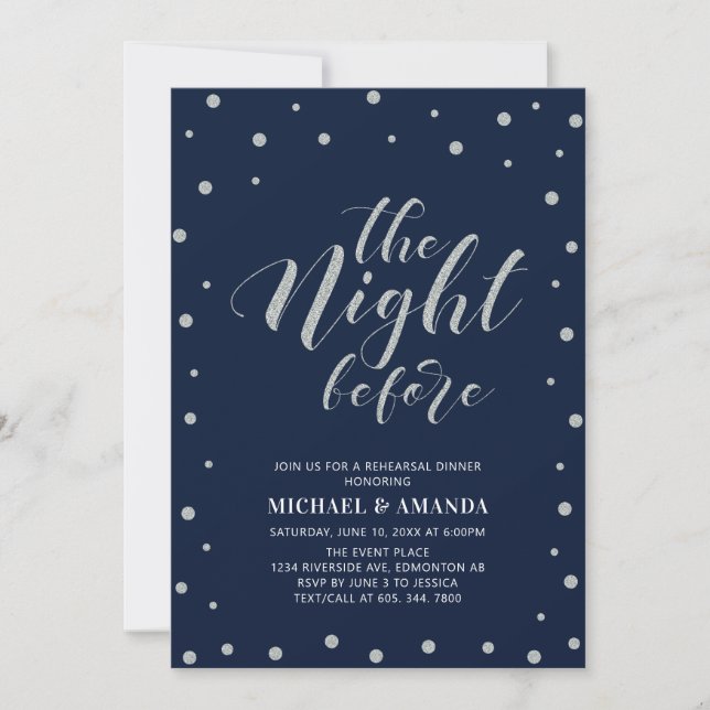Silver & Blue | Modern Typography Rehearsal Dinner Invitation (Front)