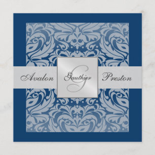 Silver & Blue Monogram Damask Border Invitation