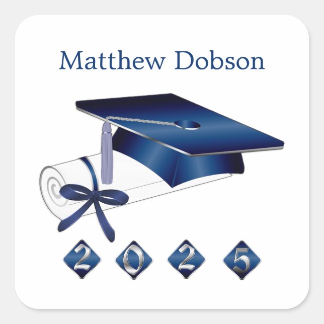 Silver Blue Mortar Diploma Graduation 2025 Square Sticker (Front)