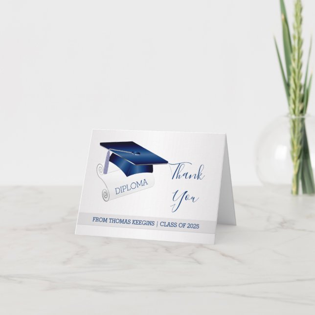 Silver blue mortar, diploma graduation Thank you Card (Front)