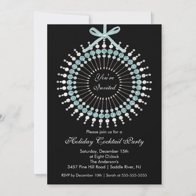 Silver & Blue Ornament Cocktail Christmas Party Invitation (Front)