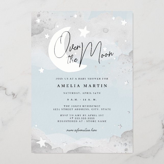 Silver Blue Over the Moon Baby Shower Foil  (Front)