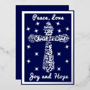 Silver Blue Peace Love Joy Hope Cross Christmas Foil Holiday Card