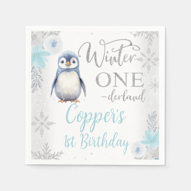Silver Blue Penguin Winter Onederland Birthday Napkin (Front)