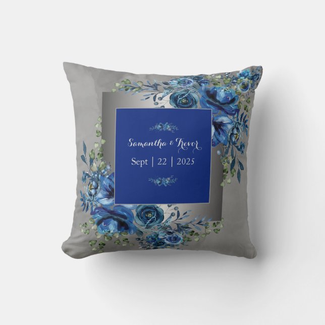 Silver & Blue Petal Symphony Throw Pillow (Front)