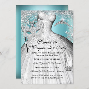 Silver Blue Princess Masquerade Sweet 16 Invite