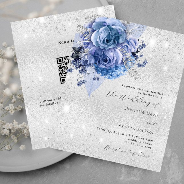 Silver blue QR RSVP budget wedding invitation (Creator Uploaded)