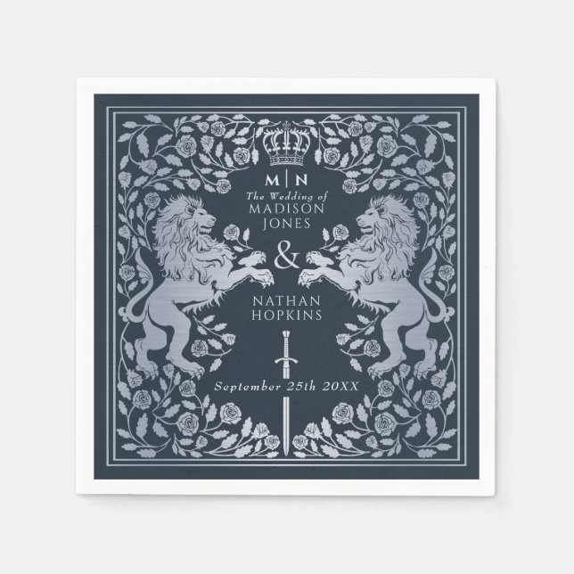 Silver Blue Royal Lion Medieval Sword Wedding  Napkin (Front)