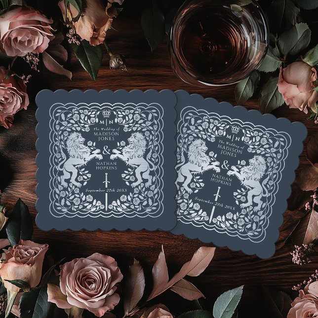 Silver Blue Royal Lion Medieval Sword Wedding Paper Coaster (Creator Uploaded)