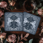 Silver Blue Royal Lion Medieval Sword Wedding Square Paper Coaster<br><div class="desc">Add royal charm to your tablescape! These custom wedding coasters feature a majestic lion and floral design with your names and monogram, all in luxurious silver against a blue background. Perfect for a medieval fantasy celebration with timeless elegance! The silver featured on this item is NOT real foil and is...</div>