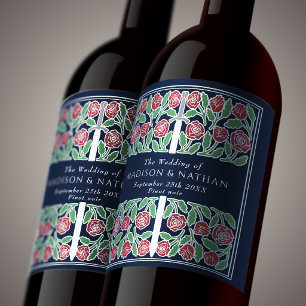 Silver Blue Royal Medieval Floral Sword Wedding Wine Label